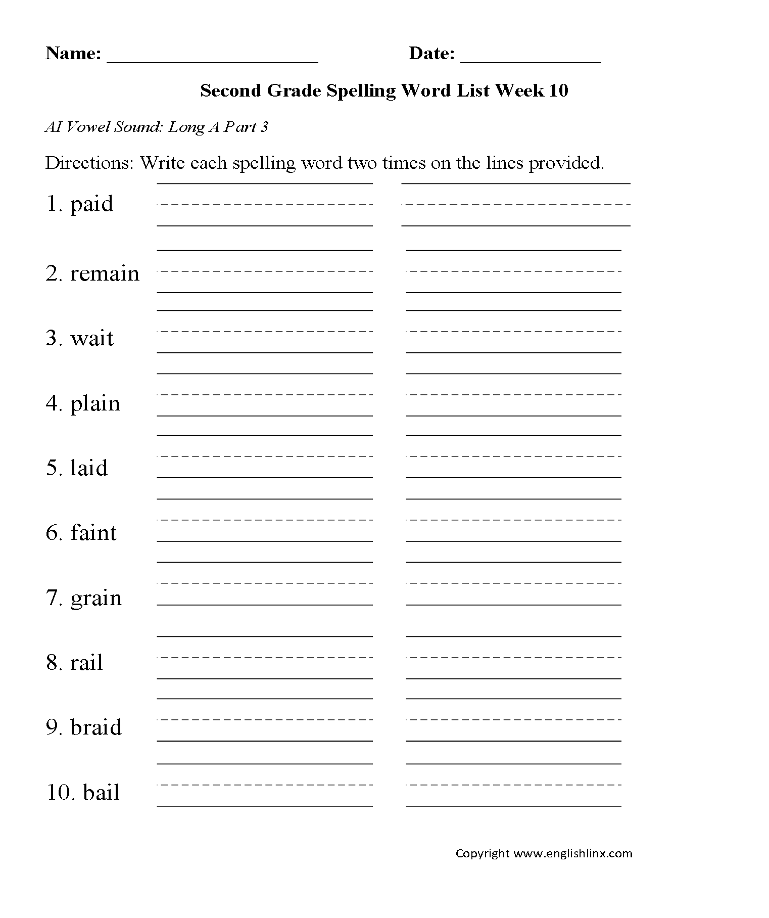 Week 10 AI Vowel 3 Second Grade Spelling Words Worksheets